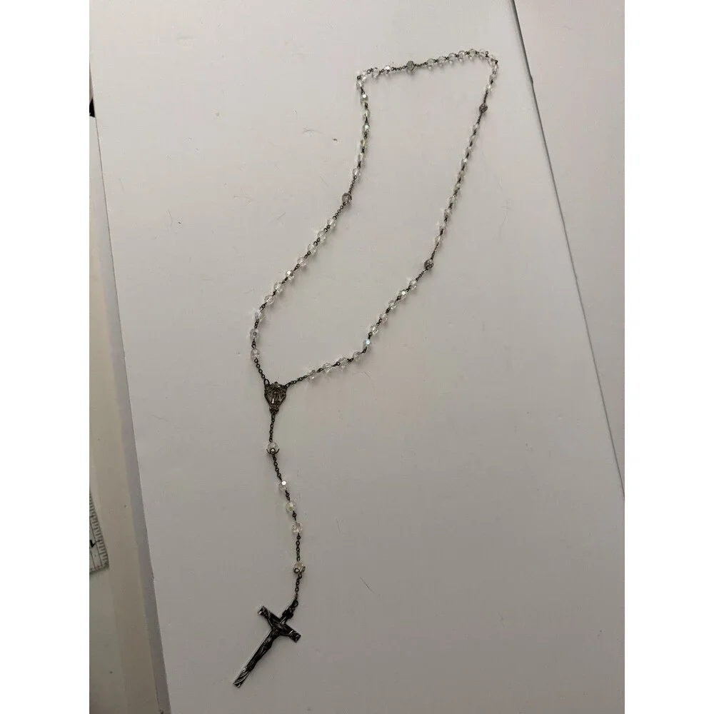 Vintage Sterling Silver AB Crystal Catholic Rosary Italy Crucifix Marian Medal